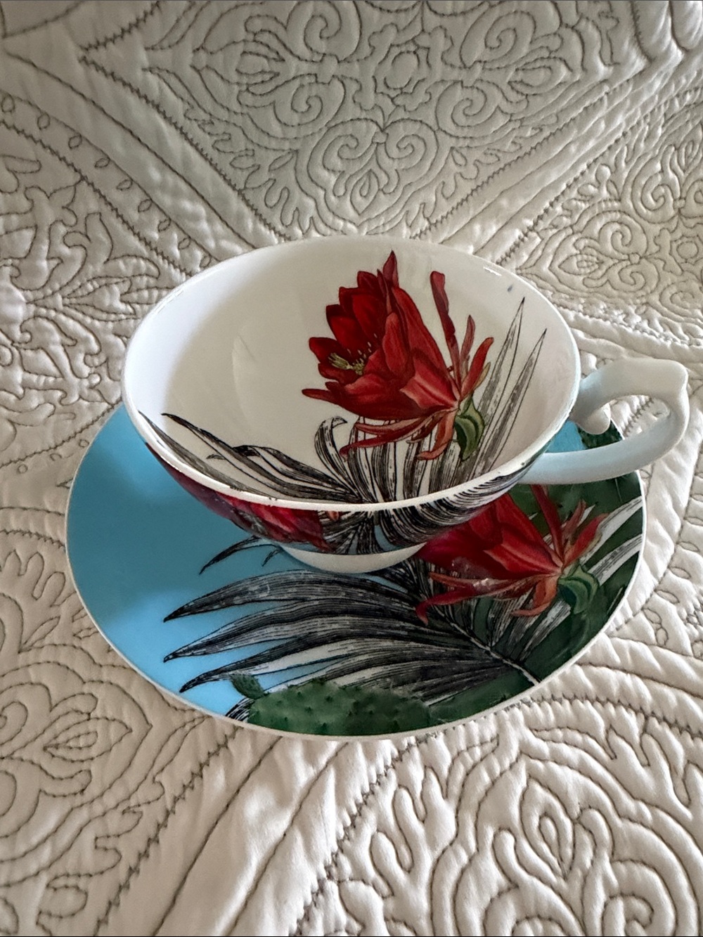 Stechol Gracie Bone China Vactus Flower and Palm Leaf Teacup and Saucer